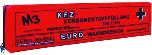 LEINA • KFZ-Verbandtasche / Kombitasche aus rotem Nylon •
in Folientasche • DIN 13164 • Maße 44 x 11,5 x 7 cm


 